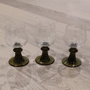 MCM Vintage German Roemer Etched Glasses.with Green Stems, Set of 3